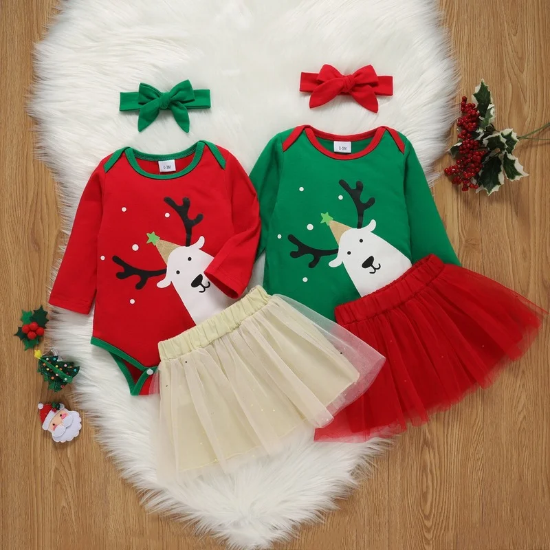 

Baby Girls 2pcs Christmas Clothing Sets Top Romper Skirt Suit Clothes for Toddler Infant Newborn Babies