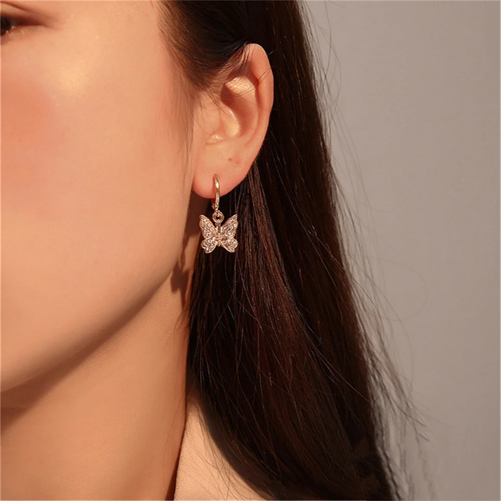 

Small Gold Full Diamond Butterfly Earrings For Women Korean Style Dangling Earrings Fashion Jewelry 2021Trend Earrings Hanging