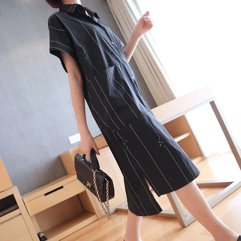 LANMREM Полосатое свободное женское платье с отворотом коротким рукавом и большим