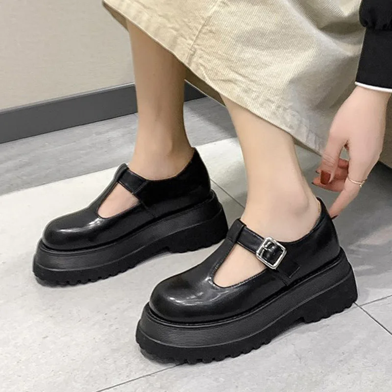 

Lolita Shoes Flat on Platform Shoes Women T Strap Leather Shoes Girls Thick Sole Casual Shoes Retro Buckle zapatos mujer