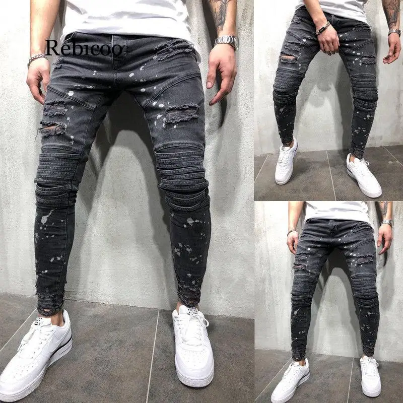 Новинка 2020 мужские рваные узкие джинсы с принтом в горошек потертые зауженные