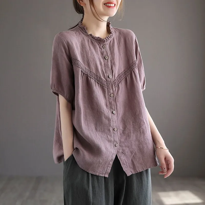 Женские повседневные рубашки из 100% хлопка однотонные свободные топы с коротким
