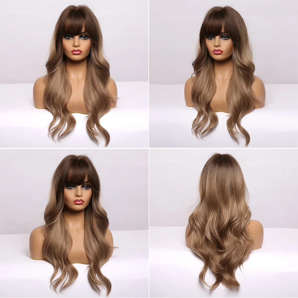 Крошечная Лана длинные Омбре черные коричневые синтетические парики с челкой