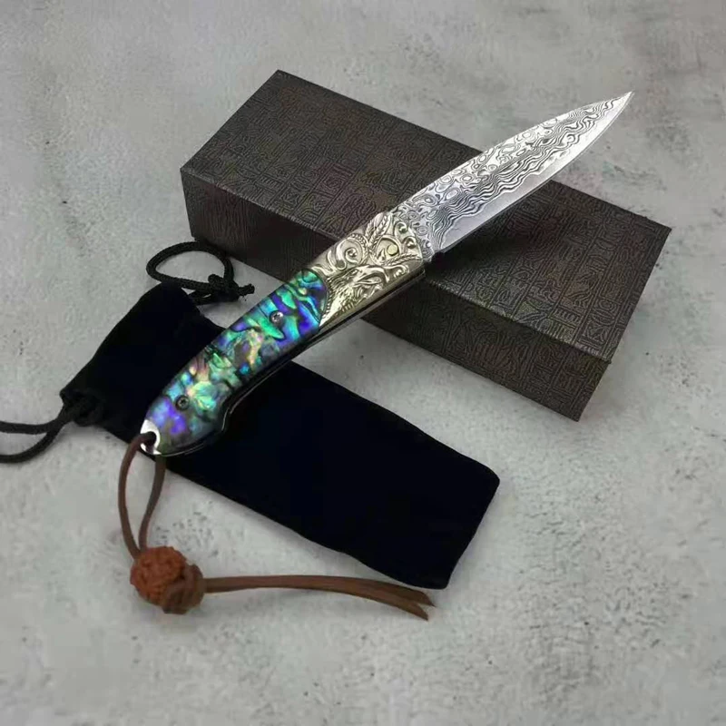 

High Quality Damascus Blade Outdoor Tactical Folding Knife Natural color shellfish Handle Hunting Uility Top Knives EDC