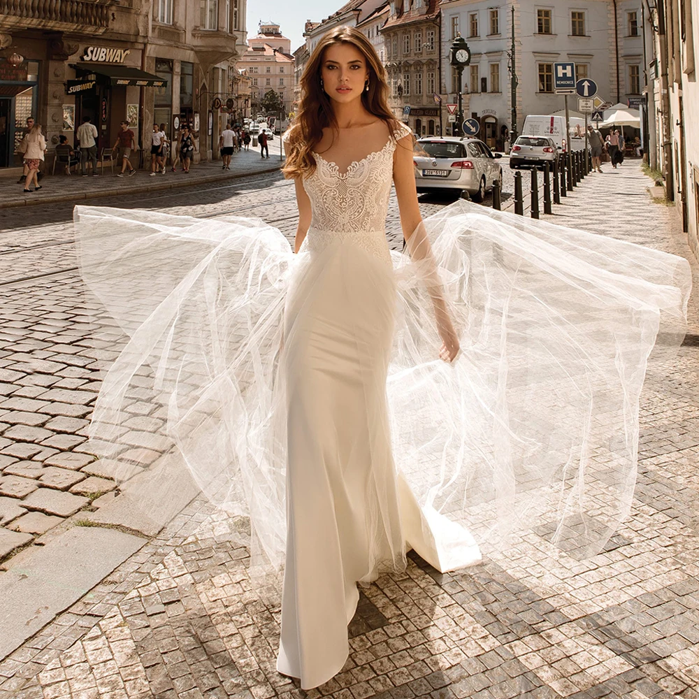 

Jiayigong Mermaid Wedding Dress with Tulle Skirt Vestido Noiva Cap Sleeve Scoop Neck Illusion Appliqued Elastic Bridal Dresses