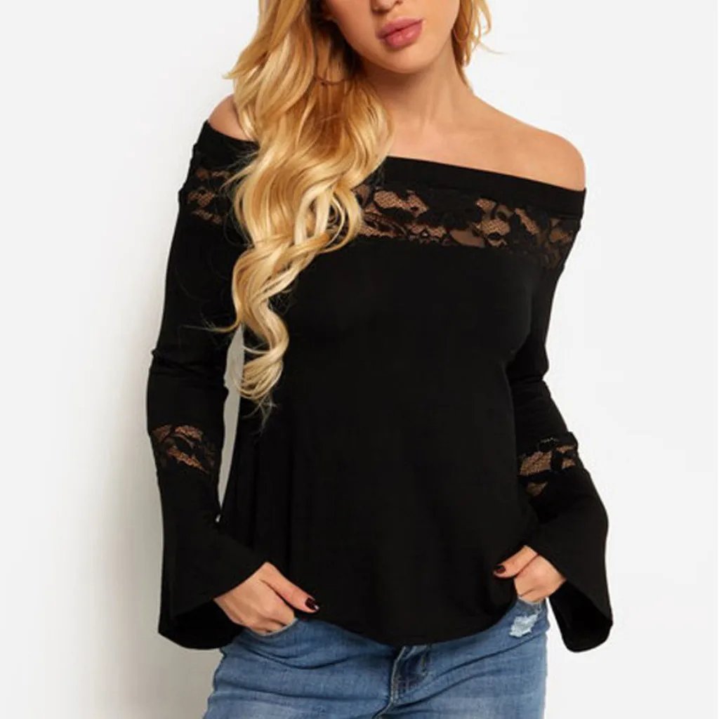 Модная кружевная блузка с открытыми плечами расклешенными рукавами