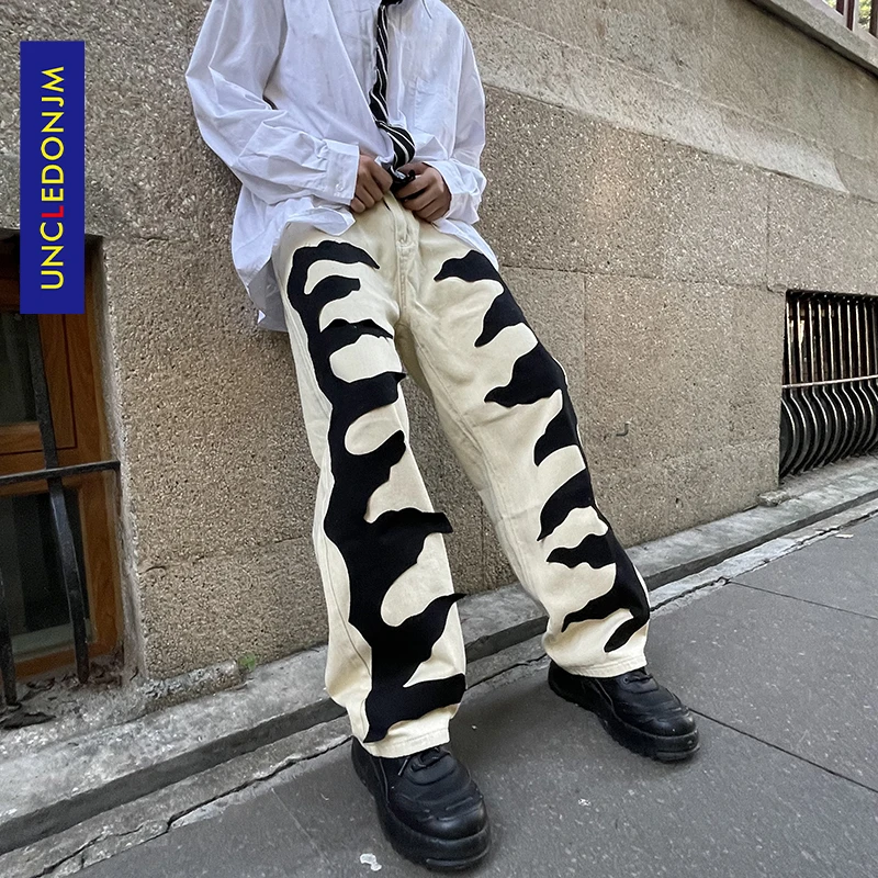 

UNCLEDONJM Abstract patch design denim jeans men street skateboard hip hop baggy jeans casual boyfriend jeans dropshipping