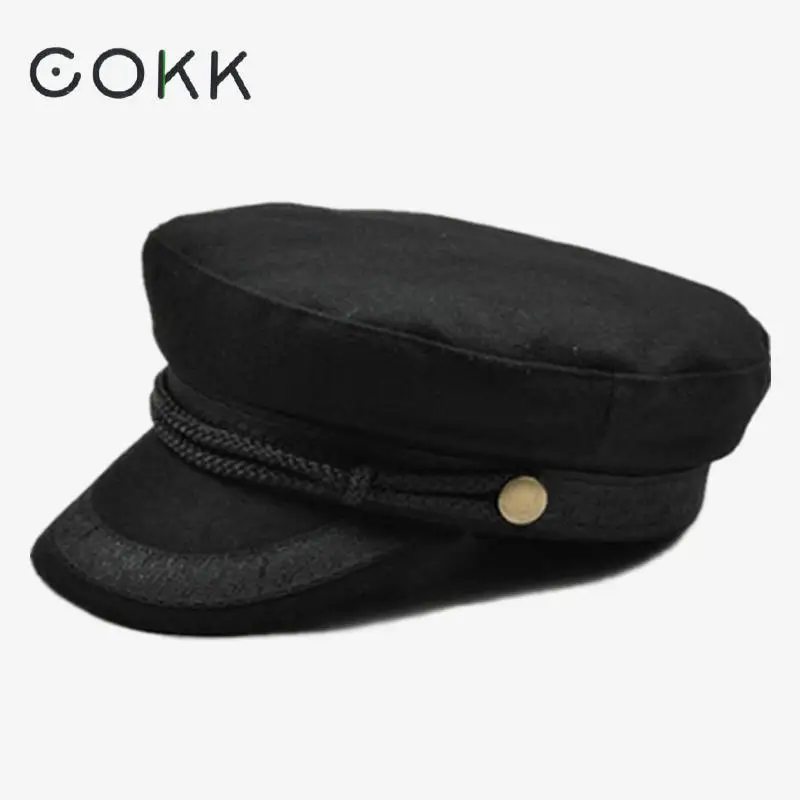 COKK, военная шляпа, черные шапки для женщин, женская военная Кепка с плоским верхом, Женская Кепка Gorras, женский Британский стиль, темно-серый цвет