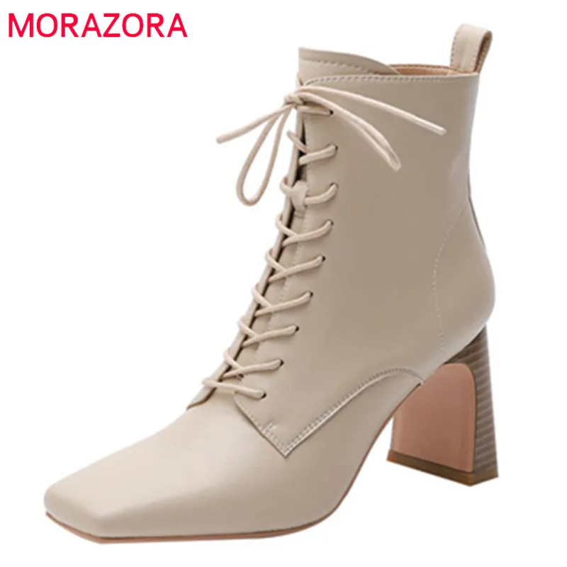 

MORAZORA 2022 New Arrive Genuine Leather Shoes Women High Heels Dress Office Shoes Cross Tied Zip Classic Ankle Boots Women