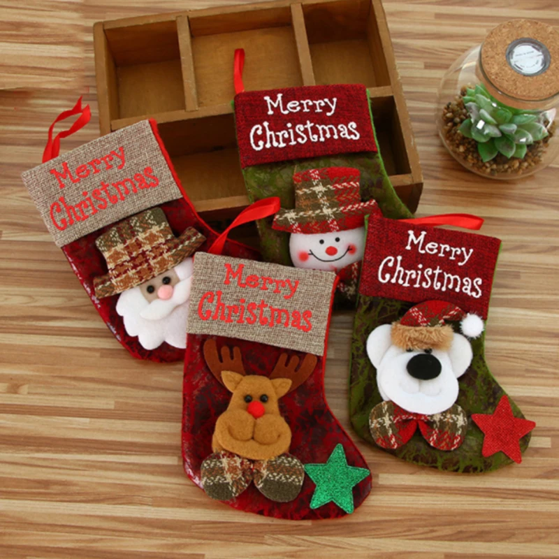 

Christmas Stockings Hanging Ornaments Christmas Gift Santa Claus Snowman Sock Gift Candy Bag Holders Xmas Trees Decoration