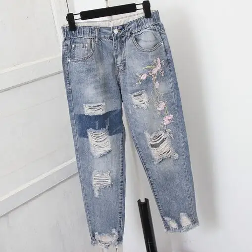 Женские с высокой талией шаровары вышивкой рваные джинсы для девочек плюс размер