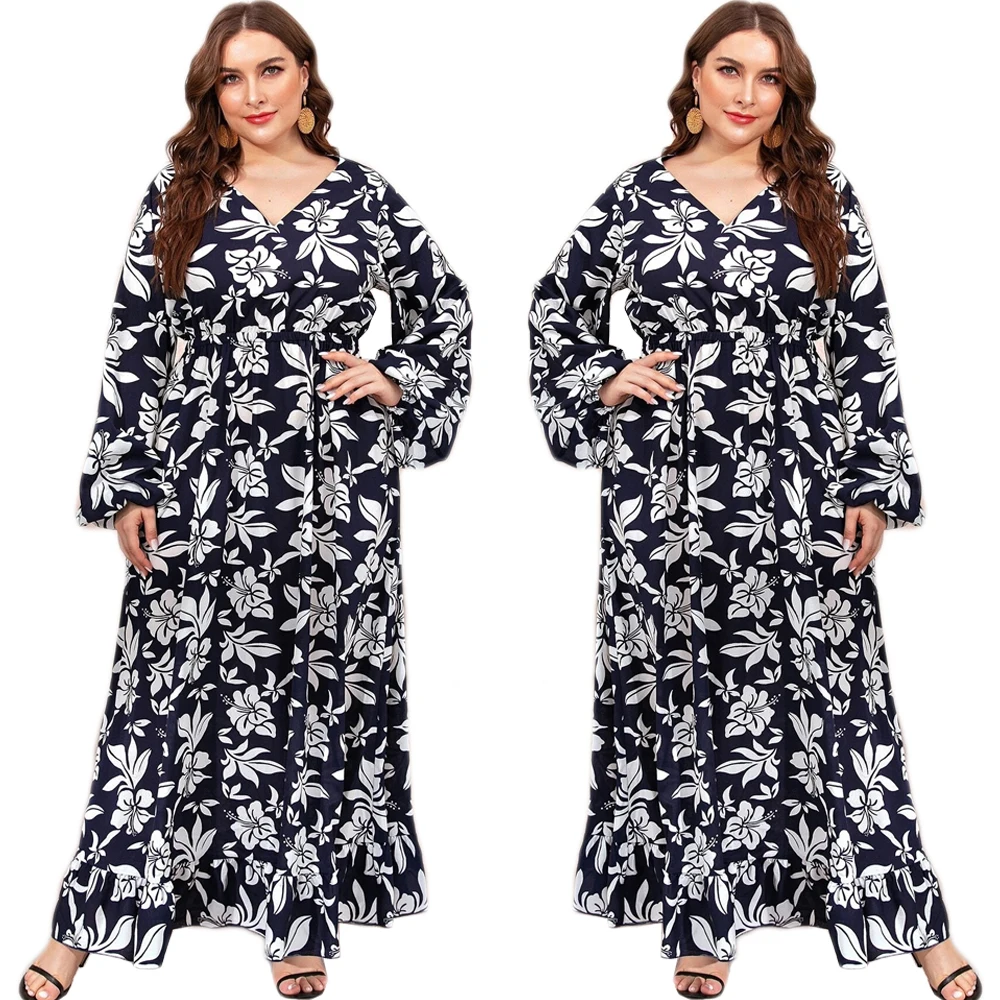 

Dubai Muslim Women Floral Printed Long Dress Plus Size Abaya Vintage Kaftan Middle East Casual V-neck Loose Jilbab Arab Fashion
