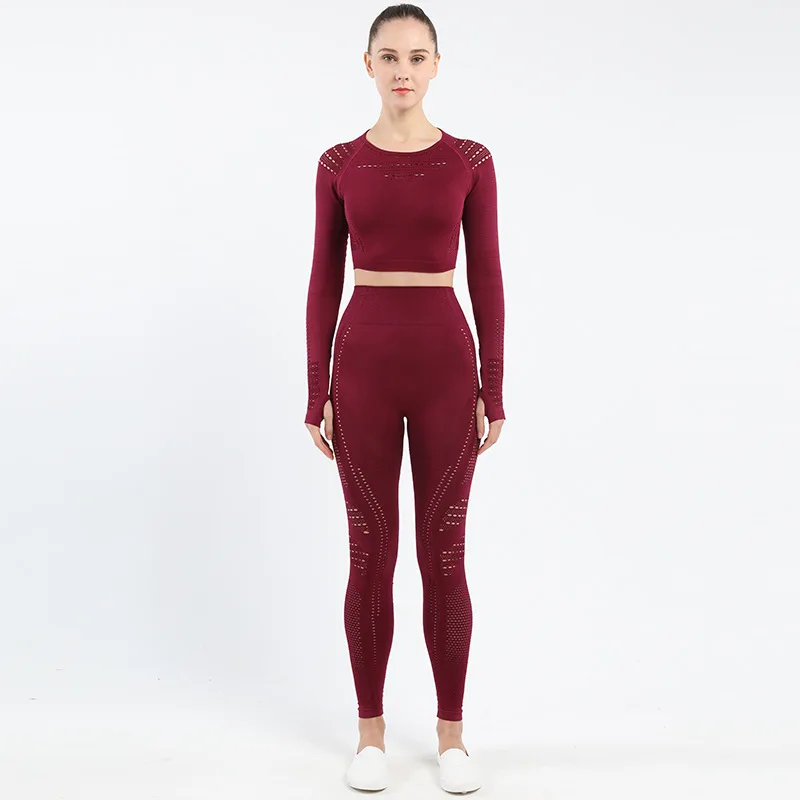

Women Two Piece Set Yoga clothing long-sleeved suit female sports hollow fitness suit seamless yoga suit Tops And Trousers Suit