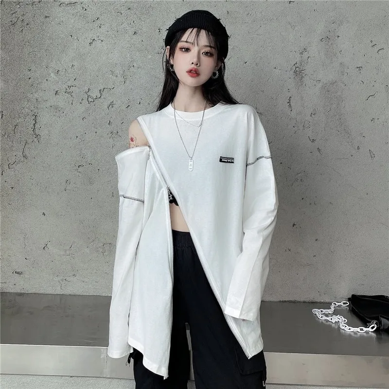 

Ins Harajuku Tees Streetwear Women's Clothing O-neck Causal Loose Black T-shirts Zipper Off Shoulder Long Sleeve Ladies Tops New