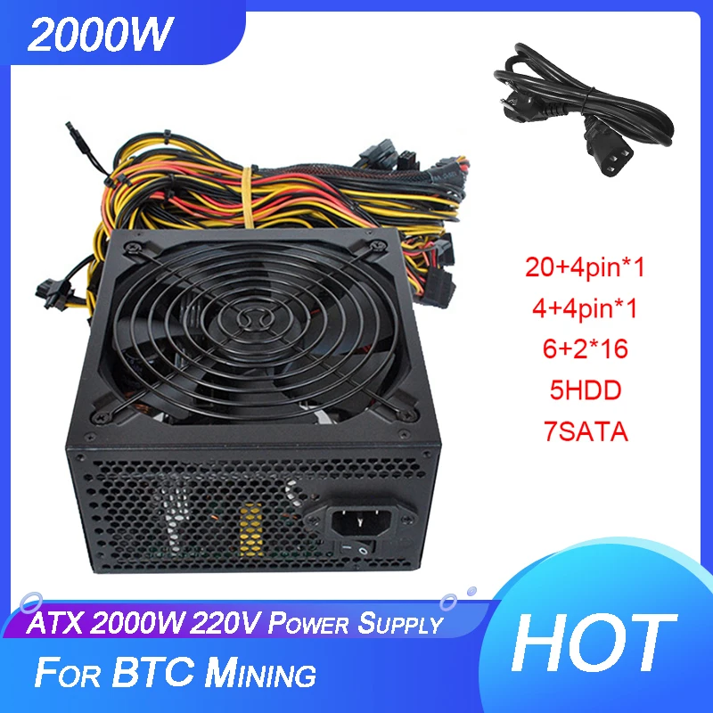 

ATX 2000W 220V Miner Power Supply for ETH BTC Mining Support 8 GPU Mute Power Desktop Computer Overvoltage Protection Accessory