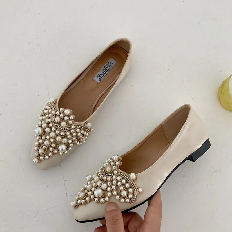 

All-Match Elegant Square Toe Casual Woman Shoe Shallow Mouth Autumn Pearl Decorateion Crystal Female Footwear Fall Beading Comfo