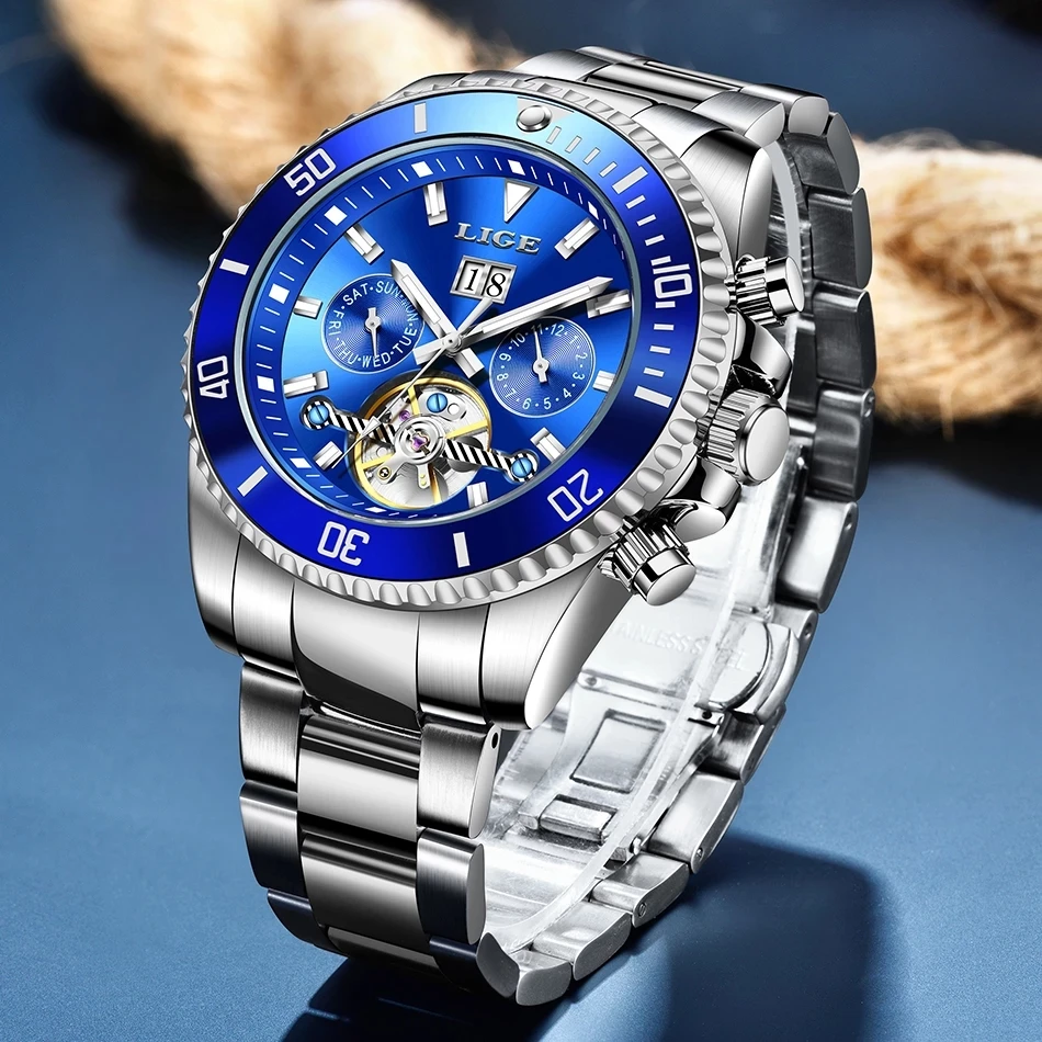 

LIGE New Fashion Mens Watches Top Luxury Tourbillon Mechanical Watch Men All Steel Waterproof Clock Date Week Wristwatch+Box