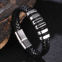 woven leather men bracelet special style punk stainless steel mens leather bracelet new design jewelry bb1082