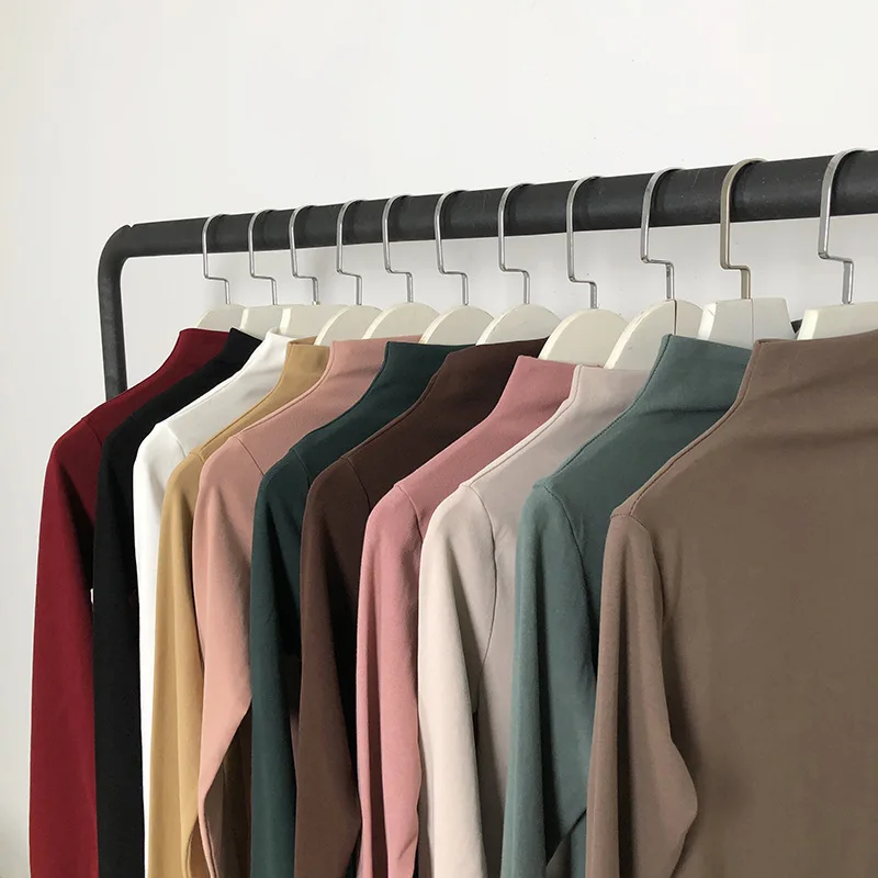 

2021 New Autumn Winter Women's Solid Color Fashion High Collar Top Female Long Sleeve Slim Body T-shirt Lady Casual Blouse