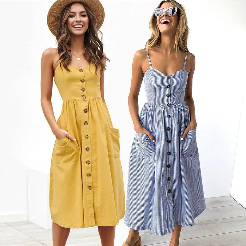 

Holiday Beach Party Strap Midi Summer Dress Sexy Button Pocket Tunic Dot Floral Striped Print Female Vintage Dresses Vestidos