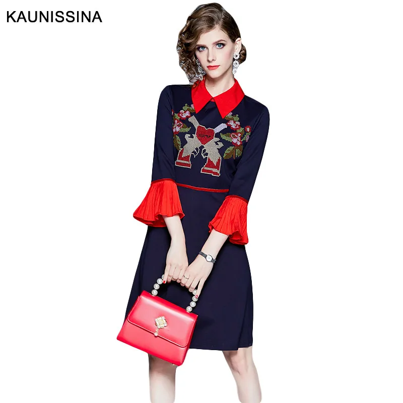 KAUNISSINA Cocktail Dress Embroidery Graduation Party Gown Turn Down Collar Flare Sleeve Retro European Luxury Dresses | Свадьбы и