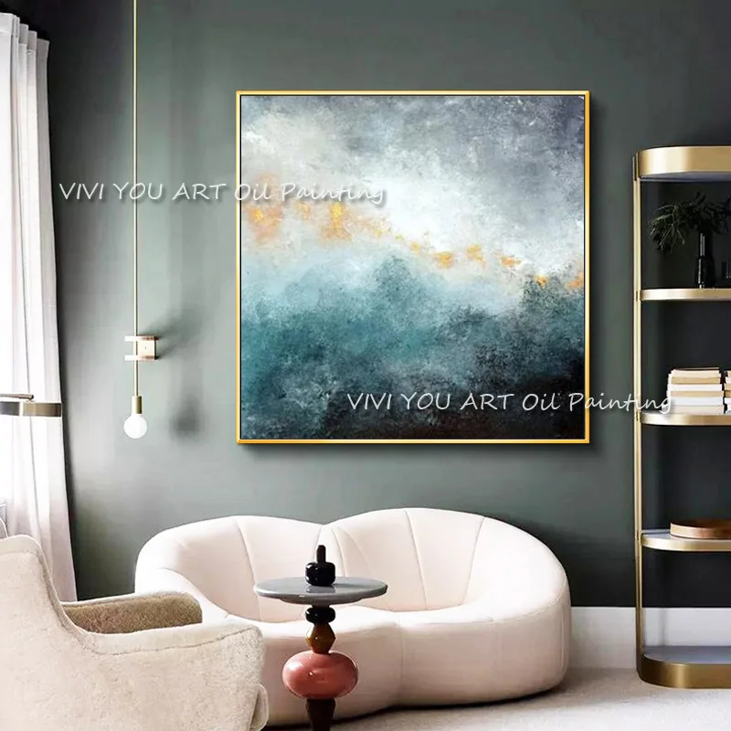 

Картина маслом ручной работы, золотистая, серая, белая, настенная Акриловая картина для гостиной, домашнего декора, Современная абстракция ...