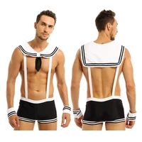 mens male adult sexy sailor costume outfits overalls cosplay underwear set suspenders boxer with collar cuffs halloween costumes