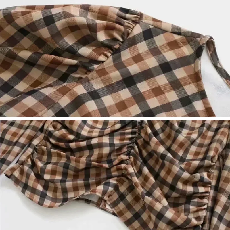 

Spring Elegant Women Plaid top O-neck Long sleeve Loose Female blouse Puff sleeve Fashion Casual Crop tops Autumn YNZZU YT799