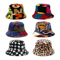 new winter bucket hats fluffy fur men women panama hat fashion warm fisherman cap letter rainbow houndstooth leopard printed hat