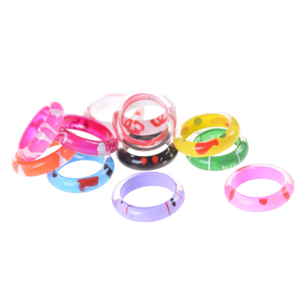 

10pcs/set Acrylic Resin Mix Painted Assorted Baby Kids Girl Children's Cartoon Rings For Christmas Gift