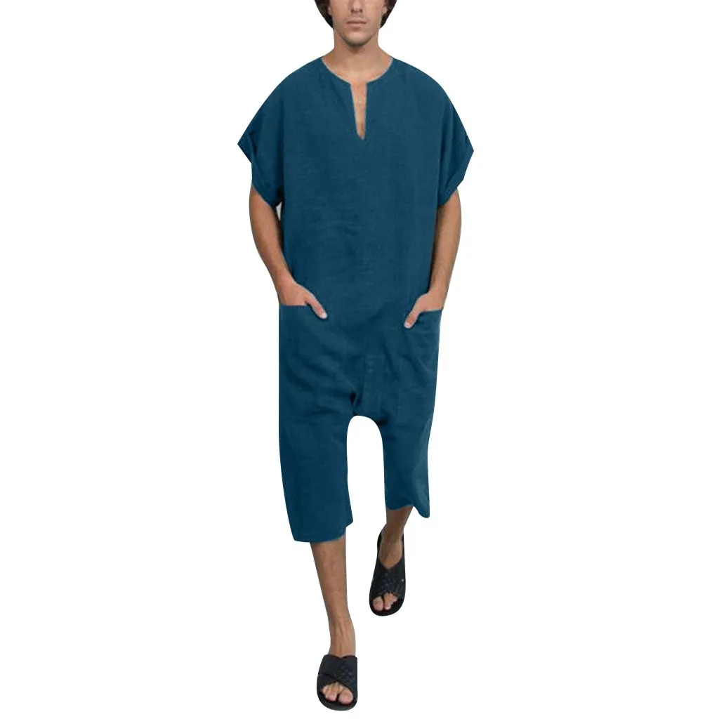 Винтажные мужские комбинезоны летние свободные хлопковые с коротким рукавом и