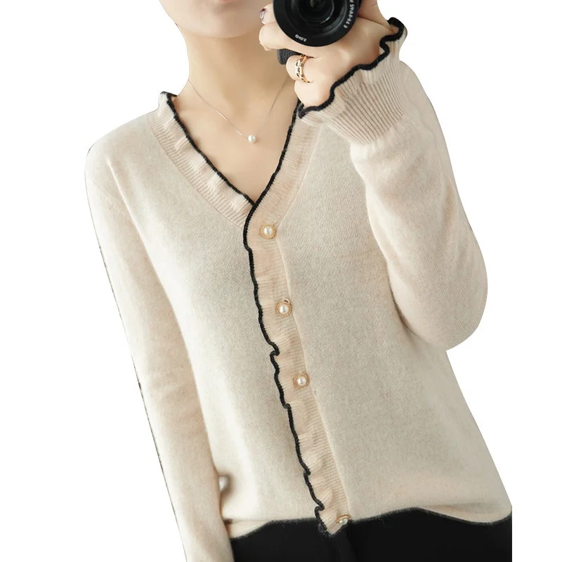 

Knitted Cardigan Women Autumn Slim Vintage Lovely Fashion Korean Simple V-neck Ladies Knitwear Fall Femme Sweaters