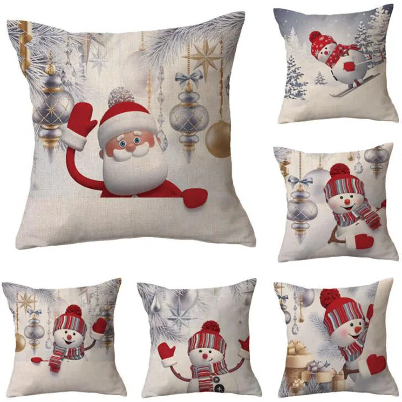

2pcs/set Flax Pillowcase Merry Christmas Snowman Pattern Decorated Pillow Case Car Sofa Throw Cushion Cover Home Decor Textile