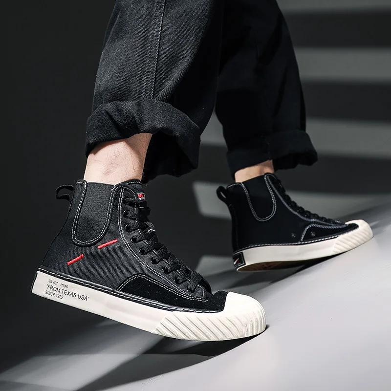 

Fashion Canvas Skateboard Shoes Men Trend High Top Sneakers Black Classic Skate Shoes Comfortable Retro Round Toe Mens Trainers