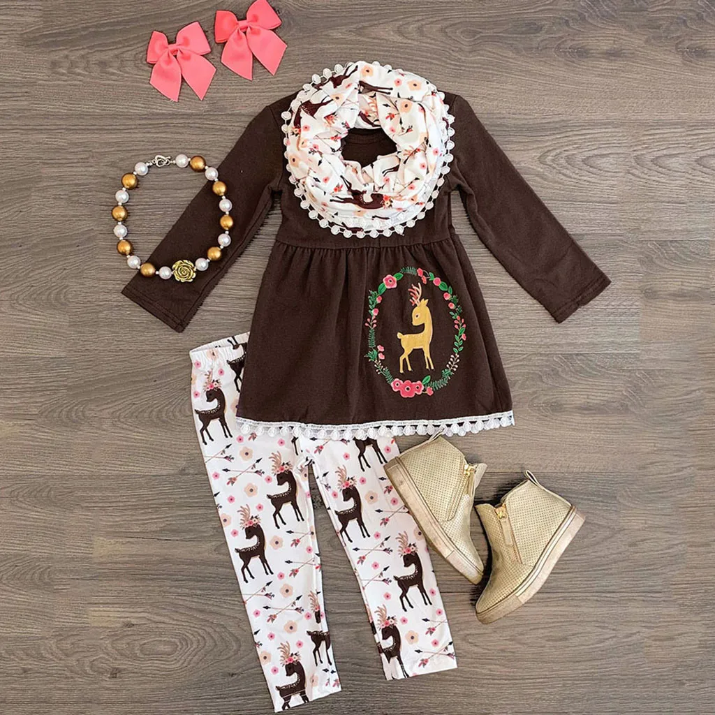 Рождественское платье с кисточками и принтом оленя для маленьких девочек + штаны