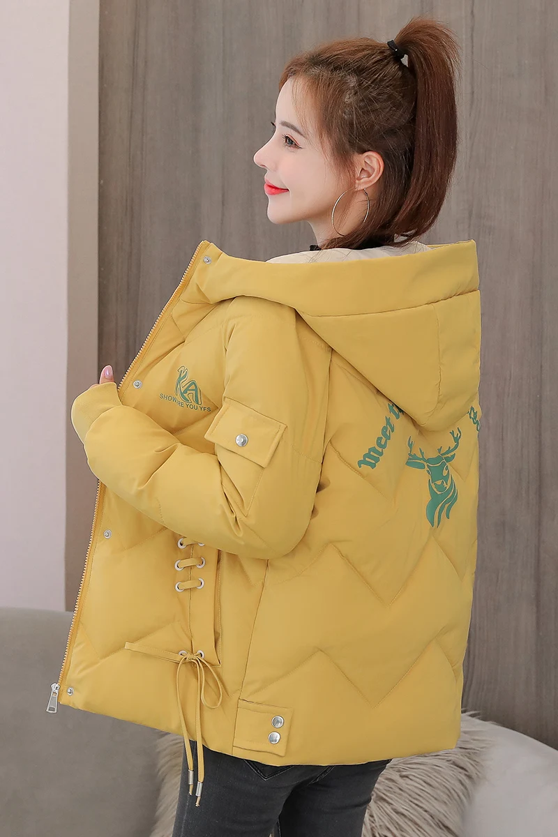 2021 New Winter Cotton Padded Bandage Letter Print Hooded Parka Women Short Jacket Korean Fashion Thickened Winter Warm Coat