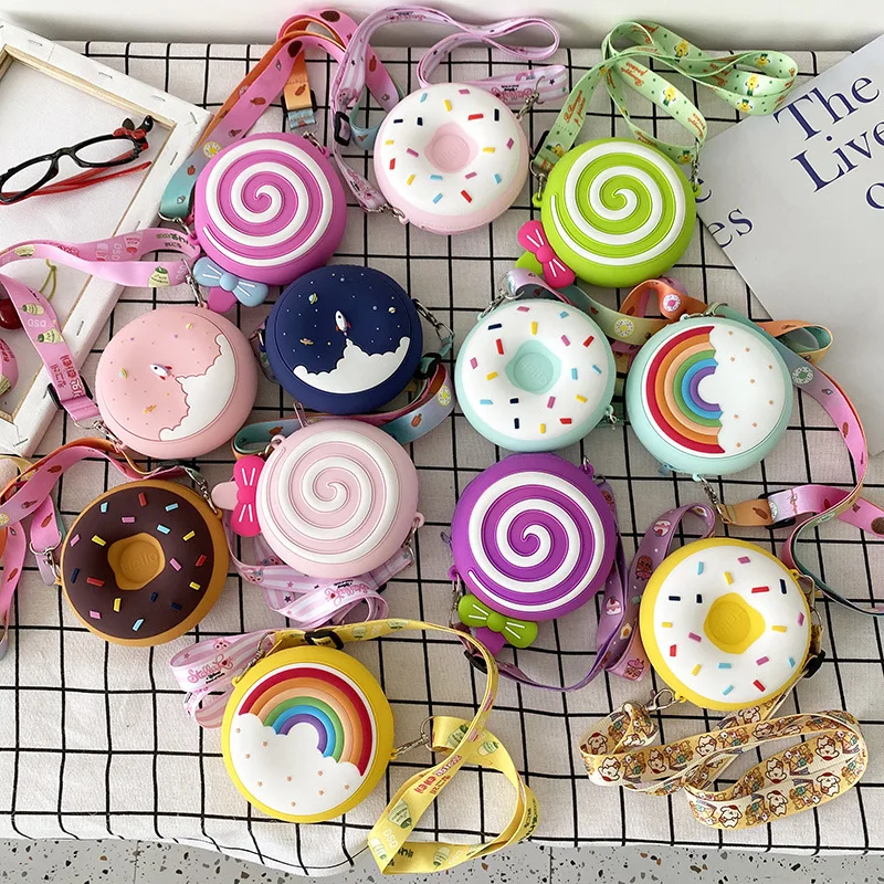 

Cute Donut Round Girl Crossbody Bag Children Shoulder Adjustable strap Rainbow Printed Pocket small purses and handbags for kids