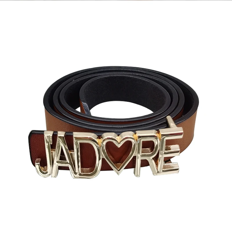 

2021 New Fashion Split Leather Heart Letters Gold Buckle Women Thin Belts Skirt Waist Belts Cinturones Para Mujer