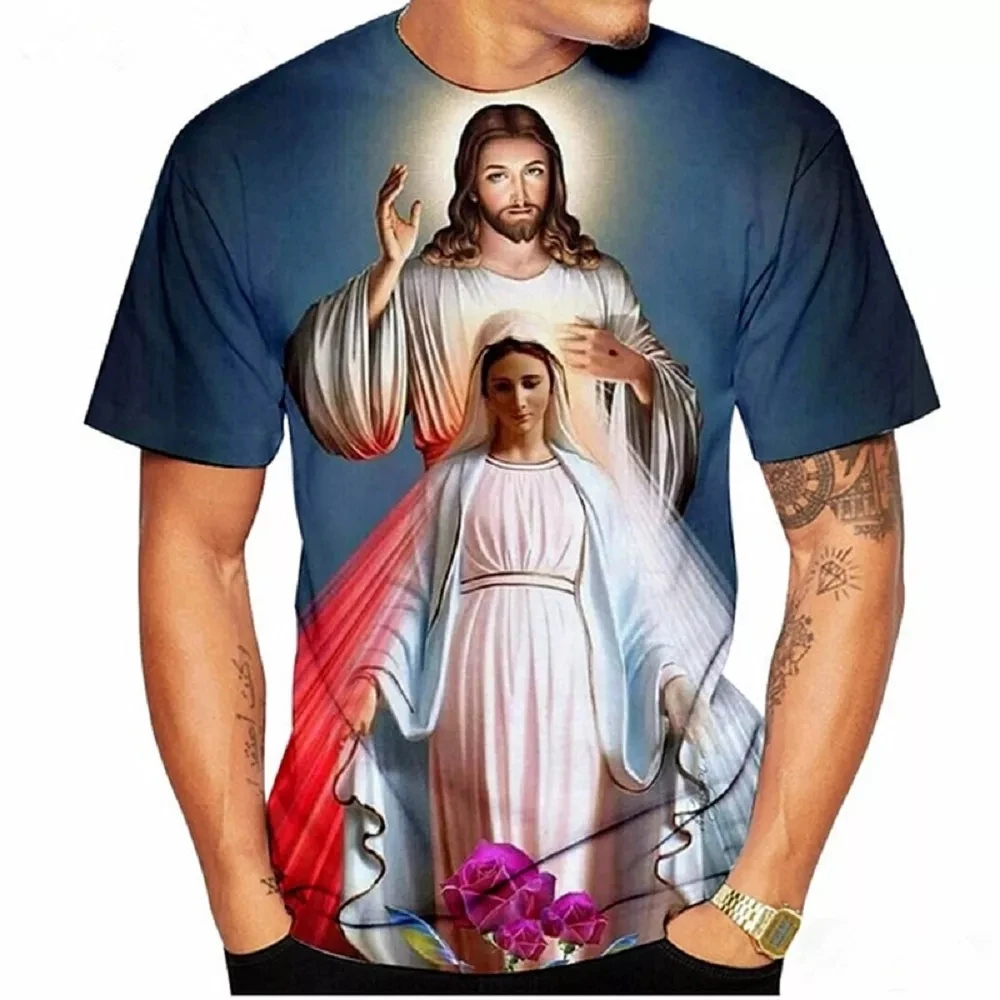 

2021 Summer Sell Well Leisure Religious Christ Jesus 3D Printing Men's T-shirt Streetwear Harajuku God Cartoon Men's T-shirt