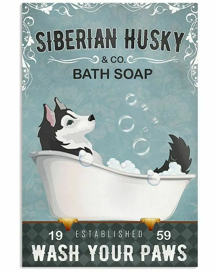 Винтажный жестяной знак в ванную комнату забавный Сибирский хаски с банным мылом