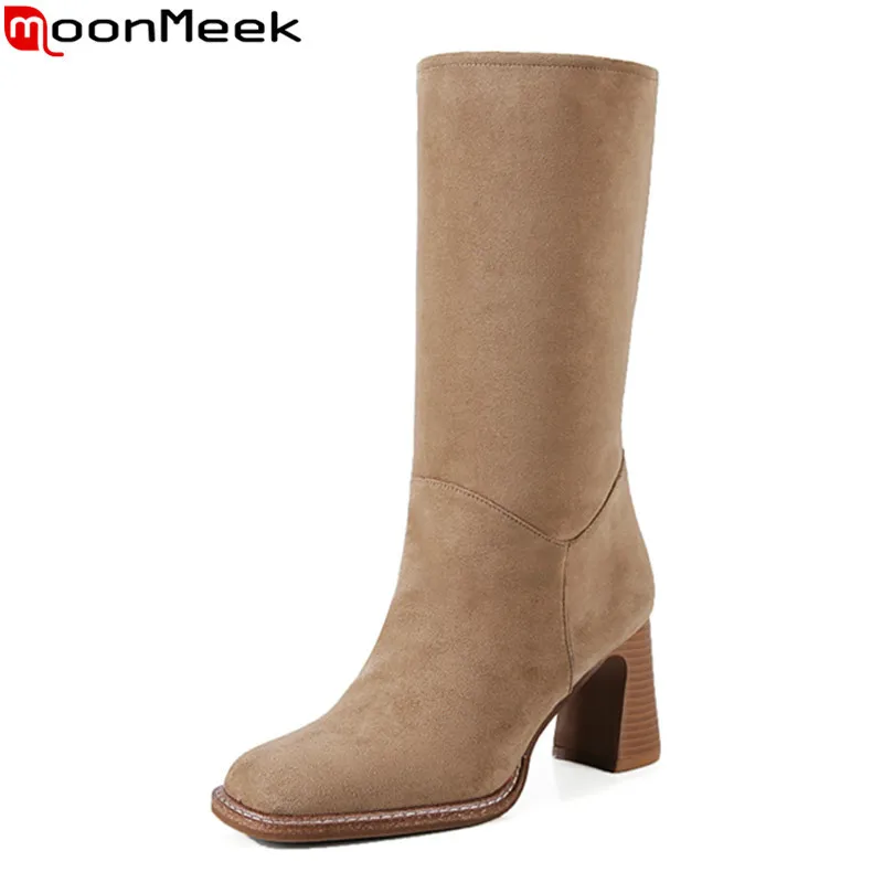 MoonMeek/Лидер продаж 2020 года Женские ботинки на толстом высоком каблуке с