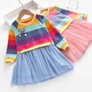 

Little Girls Tulle Dress, Elegant Long Sleeve Rainbow Stripes Print Pullover Tutu Dress Wear Princess Party Dress Autumn Winter