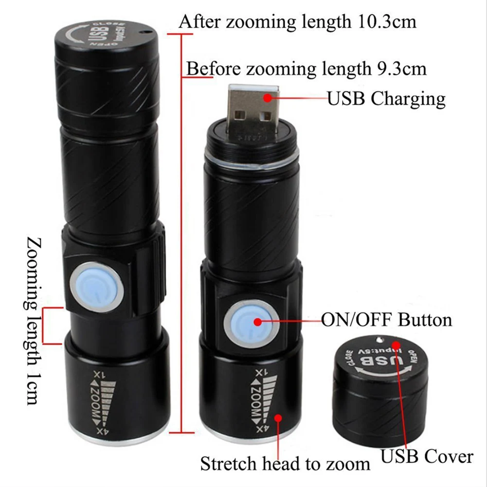 USB фонарик мощный ручной светодиодный с 3 режимами водонепроницаемый мини зумом