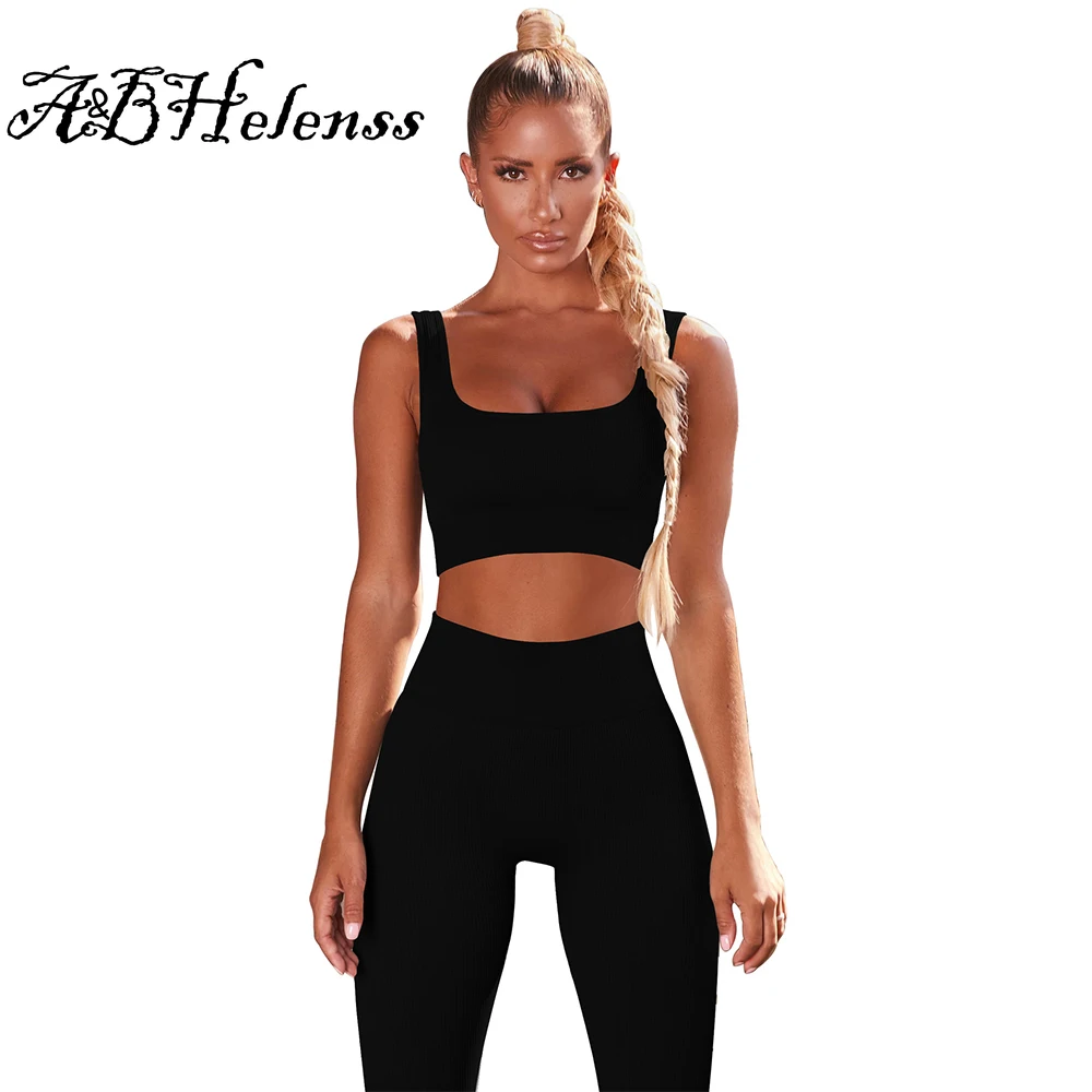 

A&BHelenss Low Neck Sleeveless Tank Crop Top Casual Skinny Two Piece Set Womens Outfits Fitness Legging Elastic Hight Sweatsuit