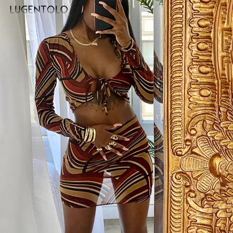 

New Sexy Women Two Piece Set Mesh Printed Long Sleeve T-shirt Tops High Waist Bodycon Hip Mini Skirt Casual Female Set Lugentolo