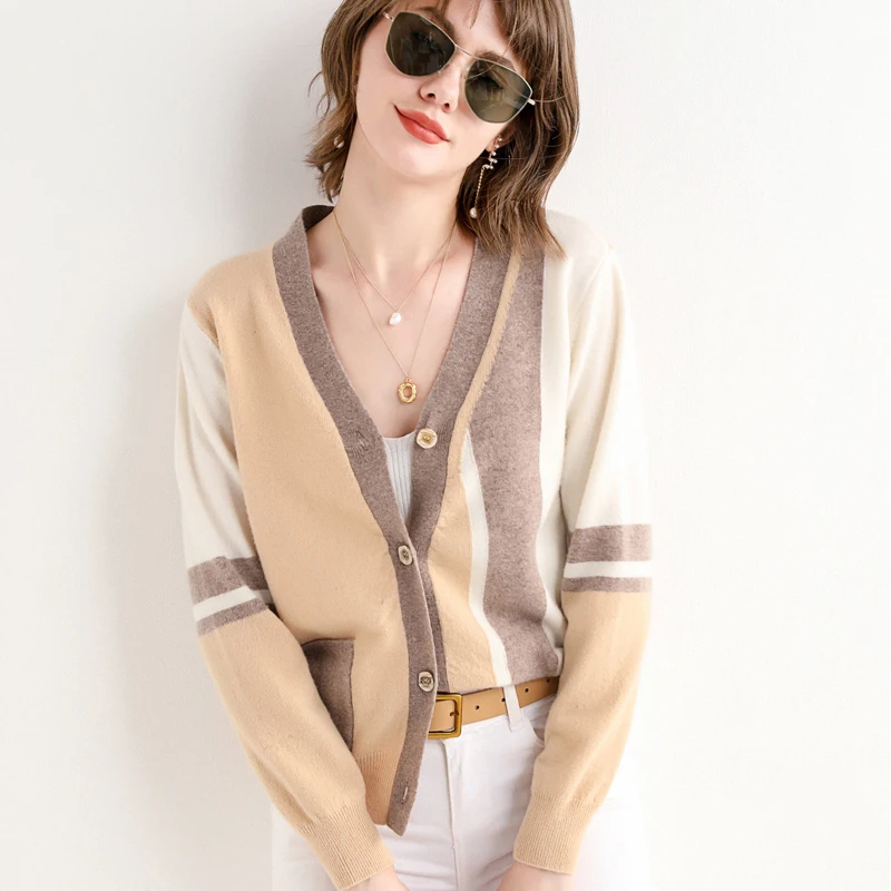 

Женский кашемировый свитер, Повседневный Кардиган из 100% чистой шерсти с V-образным вырезом, Модная трикотажная рубашка