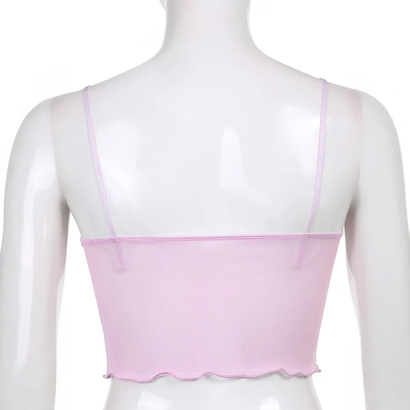 

Floral Printed Lace Cami Y2K Crop Top Sexy Women 2021Summer Transparent Mesh Patched Spaghetti Strap V Neck Pink Sleeveless Vest