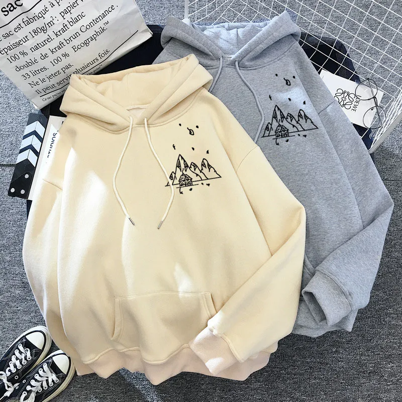 

Autumn Winter Long Sleeve Streetwear Hoodie Harajuku Retro Mountain Print Sweatshirt Oversize Casual Simple Hoody Ladies Tops