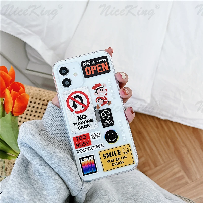 

Cute Cartoon Fashion Label Phone Cases For iPhone 12 Mini 11 Pro XS MAX X XR 7 8 Plus SE 2020 12Pro Soft Airbag TPU Back Cover