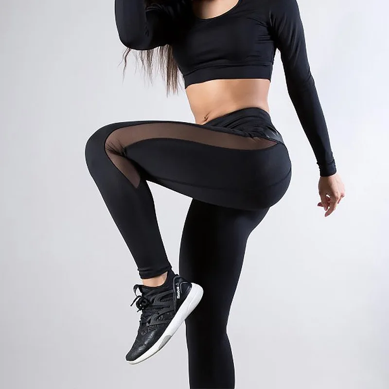 Hamidou Fashion PU Leather Leggings Patchwork Sexy Mesh Women Gym Fitness Workout Solid Black Sports Yoga Pants | Спорт и